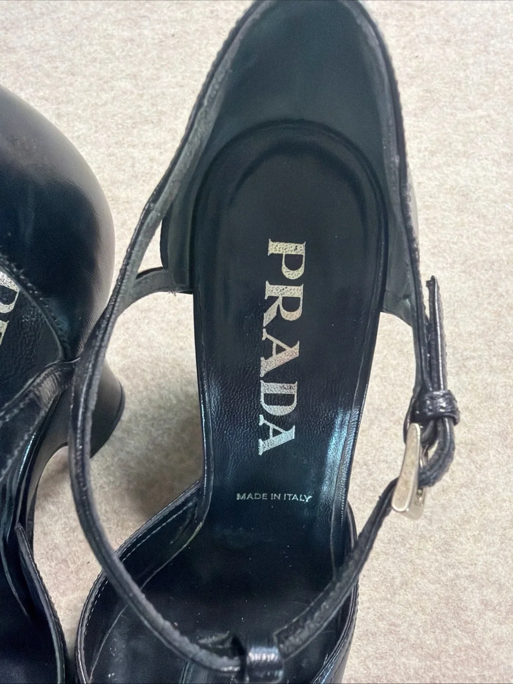 Prada Black Leather T-Strap Block Heel Pumps